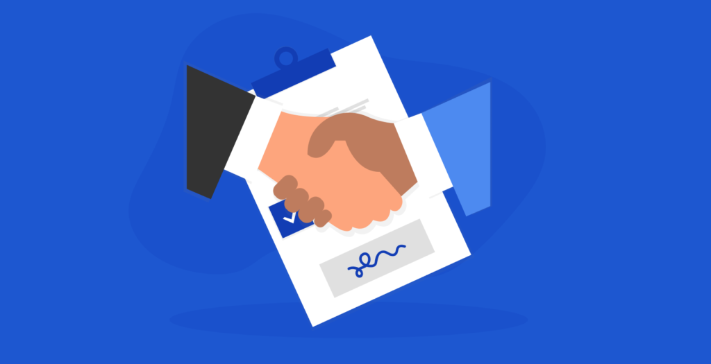 Illustration of two hands shaking above a contract to create a deal for business VoIP.