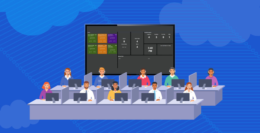 Graphics showing a call centre team working in front of a large wallboard displaying VoIP phone system information.