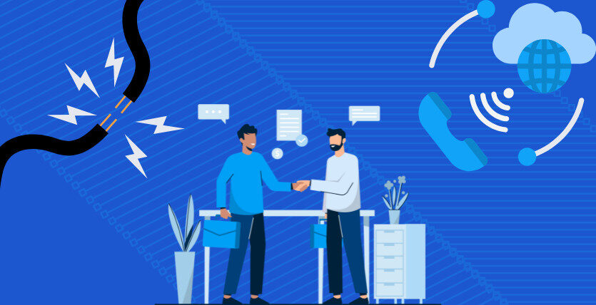 Illustration of a cut copper cable symbolising the PSTN switch-off, with cloud telephony icons representing VoIP, and two people shaking hands in the centre to signify a VoIP reseller partnership.