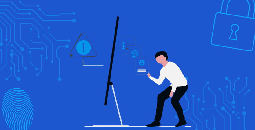 Graphic of a person attempting to breach cybersecurity over a blue background with circuit board art, with a fingerprint and security lock graphic in an article about VoIP Security for Resellers: Protecting Platforms, Clients & Revenue