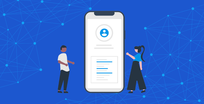 Image of two avatars using an enlarged phone with global connecting network design behind them in an article introducing Virtual Landline Plus by VIP VoIP in Sheffield.