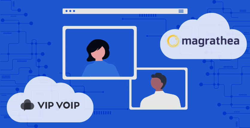 Image of two avatars on a webinar together with a blue background with tech line art behind it. Two clouds alongside the webinar have logos VIP VoIP and Magrathea inside them in an article reflecting on the Magrathea webinar by VIP VoIP in Sheffield.