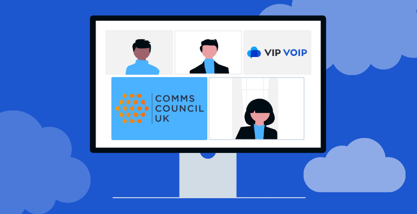 Image of a computer screen with three avatars and two blocks, one with the Comms Council UK logo and the other the VIP VoIP logo in blue, against a blue background with white clouds in an article sharing that VIP VoIP is now a member of Comms Council UK and how it can bring value to resellers by VIP VoIP in Sheffield, South Yorkshire.