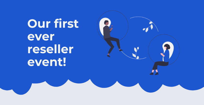 Image of two avatars sat adjacent in a meeting against a blue background and white clouds and the text 'Our first ever reseller event' alongside in an article about VIP VoIP's first ever reseller event in Sheffield, South Yorkshire.