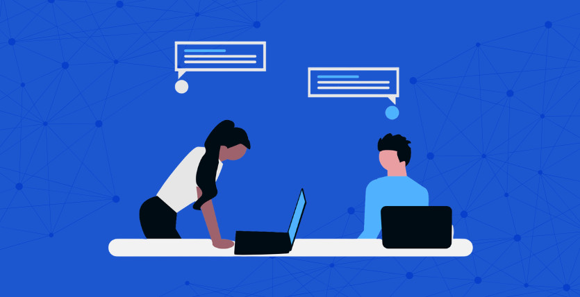 Image of two avatars discussing on a webinar with text boxes above them and global connecting network pieces behind them all in blue in an article discussing VIP VoIP's partner webinar, covering features, key updates, and what's next by VIP VoIP in Sheffield, South Yorkshire