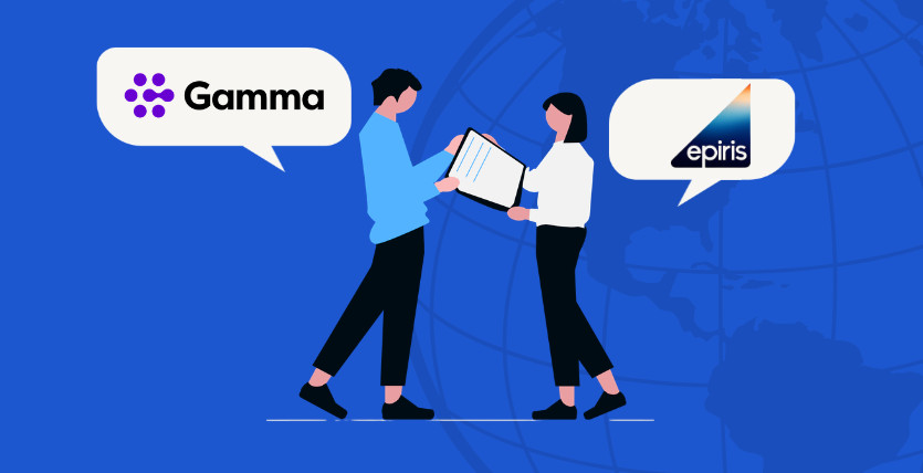 Image of two people discussing with Gamma Communications and Epiris logos above their head in speech bubbles against a blue background by VIP VoIP in South Yorkshire.