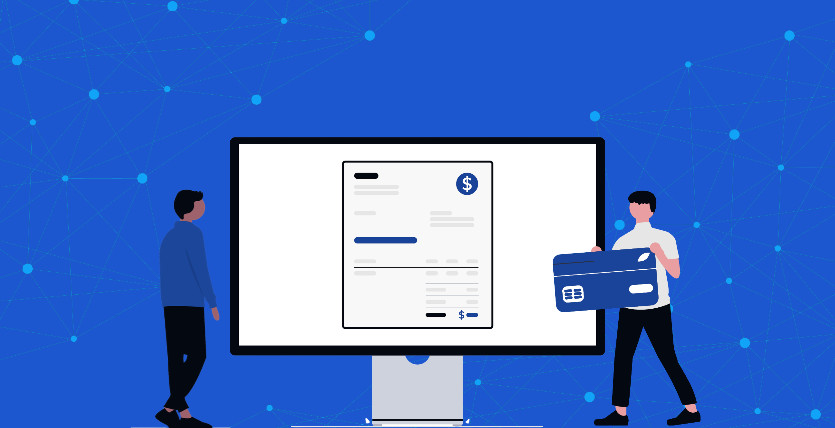 Image of two avatars looking at a computer screen with an invoice in it, one holding a large credit card in an article about the reseller billing process and how to bill correctly by VIP VoIP in Sheffield, South Yorkshire.
